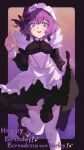  1girl alternate_costume apron bernadetta_von_varley blush breasts fire_emblem fire_emblem:_three_houses frilled_apron frills gbbgb321 grey_eyes hair_between_eyes hair_ornament happy_birthday highres long_sleeves looking_at_viewer maid maid_apron maid_headdress open_mouth puffy_long_sleeves puffy_sleeves purple_hair short_hair solo waist_apron white_apron 