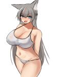  1girl blue_eyes bra breasts fang grey_bra grey_hair grey_panties highres large_breasts long_hair looking_at_viewer multicolored_hair narodenden navel original panties red_hair smile solo sports_bra two-tone_hair underwear 