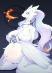 &lt;3 2022 anthro anthrofied belly big_belly big_breasts blue_eyes blush breasts claws digital_media_(artwork) dragon female fire fur generation_5_pokemon kneeling legendary_pokemon looking_at_viewer navel nintendo open_mouth outie_navel pokemon pokemon_(species) pregnant pregnant_anthro pregnant_female reshiram shaded simple_background solo tail third-party_edit white_body white_fur whooo-ya