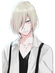  1boy black_shirt blonde_hair blue_eyes closed_mouth collared_shirt commentary_request hair_over_one_eye looking_at_viewer male_focus mellow_rag shirt shirt_under_shirt simple_background solo suspenders white_background white_shirt wing_collar yuri!!!_on_ice yuri_plisetsky 