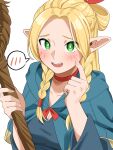  1girl blonde_hair blush braid breasts bright_pupils capelet cleavage commentary_request dungeon_meshi elf green_eyes highres holding holding_staff hood hood_down hooded_capelet long_hair long_sleeves looking_at_viewer mage_staff marcille_donato negi_sabbb nervous_smile pointy_ears simple_background smile solo spoken_blush staff upper_body white_pupils 