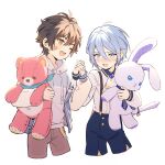  2boys bandaid bandaid_on_cheek bandaid_on_face blue_eyes blue_hair blush brown_eyes brown_hair chocomilk_nu edmond_(nu_carnival) eiden_(nu_carnival) gem holding holding_hands holding_stuffed_toy long_sleeves looking_at_another male_child male_focus multiple_boys nose_blush nu_carnival official_alternate_costume one_eye_closed short_hair simple_background stuffed_animal stuffed_bunny stuffed_toy teddy_bear tsundere white_background younger 