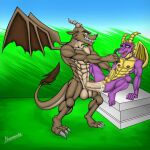 activision ahegao anal anal_penetration anthro balls big_penis bodily_fluids cum cum_in_ass cum_inside cumshot dragon ejaculation field genital_fluids genitals hi_res looking_pleasured male male/male muscular muscular_male nazuranoke penetration penis size_difference sky smile spyro spyro_reignited_trilogy spyro_the_dragon watermark wings
