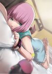  1boy alien barefoot bed blazpu blue_eyes bracelet catherine:_full_body catherine_(game) door dress highres jewelry lying on_stomach otoko_no_ko pillow pink_hair rin_(catherine) short_hair 