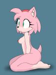 absurd_res accessory amy_rose anthro areola breasts eulipotyphlan female fur green_eyes headband hedgehog hi_res hikaridraws kneeling mammal medium_breasts nude pink_body pink_fur red_areola red_headband sega solo sonic_the_hedgehog_(series) tan_body tan_fur