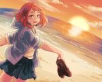  1girl :d beach blush boku_no_hero_academia brown_eyes brown_hair day highres holding holding_shoes loafers looking_at_viewer ocean open_mouth outdoors pleated_skirt sand school_uniform shirt shoes short_eyebrows short_hair sidelocks skirt smile solo standing sun tabetai_omochi teeth u.a._school_uniform upper_teeth uraraka_ochako 