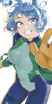  1girl absurdres blue_bodysuit bodysuit boku_no_hero_academia covered_navel drill_hair fengling_(furin-jp) gloves green_bodysuit grin hadou_nejire highres looking_at_viewer multicolored_bodysuit multicolored_clothes official_alternate_hair_length official_alternate_hairstyle short_hair smile solo superhero teeth twin_drills white_background yellow_gloves 