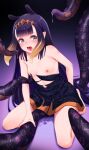  1girl bare_legs bare_shoulders barefoot black_dress blunt_bangs blurry blurry_foreground blush breasts commentary diamond_hairband dress extra_ears full_body furrowed_brow gradient_background gradient_hair hairband highres hololive hololive_english imminent_rape kneeling long_hair looking_to_the_side miniskirt mole mole_under_eye multicolored_hair ninomae_ina&#039;nis ninomae_ina&#039;nis_(1st_costume) nipples open_mouth orange_hair orange_hairband orange_skirt pointy_ears purple_background purple_eyes purple_hair pussy_juice_stain simple_background skirt skirt_under_dress small_breasts solo straight_hair strapless strapless_dress sweatdrop tearing_up tears tentacle_hair tentacle_sex tentacles tube_dress two-tone_hair virtual_youtuber zabudog777 