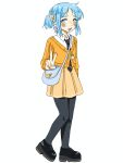  1girl alternate_costume bag black_leggings blue_eyes blue_hair cube_hair_ornament full_body hair_ornament handbag highres holding holding_bag kyuunn leggings looking_at_viewer naganohara_mio necktie nichijou short_twintails twintails twitter_username v 