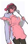  1girl apron black_pants brown_eyes brown_hair cowboy_shot holding holding_ladle huyj_cl ladle limbus_company long_sleeves outis_(project_moon) pants pink_apron project_moon short_hair simple_background solo sweater white_background white_sweater 
