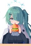 1girl blue_archive blue_hair blue_halo burger commentary drooling english_commentary food grey_eyes hair_ornament hair_over_one_eye hairclip halo highres hiyori_(blue_archive) holding holding_food long_hair long_sleeves open_mouth pixel_art saliva scarf side_ponytail simple_background solo star_halo tinia_etru white_background white_scarf 
