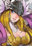  1girl angewomon blonde_hair blue_eyes breasts cleavage commentary covered_collarbone digimon digimon_(creature) gloves head_wings helmet highres large_breasts lifted_by_self lips long_hair looking_at_viewer one_eye_covered portrait sideways_glance sinobali slit_pupils smile solo teeth white_gloves wings 