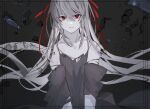  1girl closed_mouth dress grey_dress grey_hair greyscale greyscale_with_colored_background hair_ribbon highres long_hair looking_at_viewer monochrome original red_ribbon ribbon solo spaghetti_strap straight_hair teizen_(niwamaee) torn_clothes 