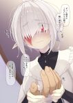  1boy 1girl abelia_(ogami_kazuki) ahoge bandaged_hand bandages black_dress blurry blurry_background blush burn_scar closed_mouth covered_collarbone crying crying_with_eyes_open depth_of_field dress grey_hair hair_over_one_eye hand_grab highres indoors long_sleeves looking_at_viewer ogami_kazuki original pointy_ears red_eyes scar short_hair solo_focus sweat tears thick_eyebrows translation_request white_dress 