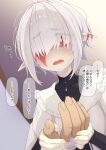  1boy 1girl abelia_(ogami_kazuki) ahoge bandaged_hand bandages black_dress blurry blurry_background blush burn_scar covered_collarbone crying crying_with_eyes_open depth_of_field dress fangs grey_hair hair_over_one_eye hand_grab highres indoors long_sleeves looking_at_viewer ogami_kazuki open_mouth original pointy_ears red_eyes scar short_hair solo_focus sweat tears thick_eyebrows translation_request white_dress 