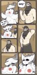 1:2 abs absurd_res anthro apron beard big_breasts blush breasts clothed clothing comic crossed_arms dragon english_text facial_hair father_(lore) genitals greeting hi_res horn human male mammal mother_(lore) muscular muscular_male nipples parent_(lore) pussy speech_bubble text the_man yellow_eyes