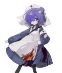  1girl apron bandages bangs blood blood_on_clothes blue_dress blue_eyes buttons chuckdaidai clenched_hand dress flower hair_bun hair_flower hair_ornament hair_over_one_eye hat highres leggings looking_to_the_side mask nurse original purple_hair shawl short_hair simple_background single_hair_bun solo standing white_apron white_background white_flower white_shawl 