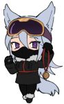  1girl animal_ears animal_hands black_coat black_footwear black_gloves black_pants borrowed_character bright_pupils chest_harness chibi coat dog_ears dog_girl dog_tail full_body fur-trimmed_coat fur-trimmed_footwear fur_collar fur_trim gloves goggles goggles_on_head grey_hair hair_between_eyes hands_up harness holding lapithai long_hair long_sleeves looking_at_viewer lowres mask medal mouth_mask original pants paw_gloves purple_eyes simple_background ski_goggles solo standing tail transparent_background tsurime 