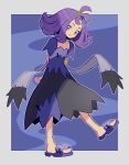 1girl acerola_(pokemon) armlet blue_background border closed_mouth dress flipped_hair full_body grey_eyes hair_ornament highres medium_hair outline pokemon pokemon_sm purple_footwear purple_hair rii_(mrhc7482) sandals short_sleeves smile solo stitches topknot torn_clothes torn_dress 