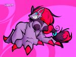 3_fingers anthro areola big_areola blue_eyes blush breasts butt claws ears_up exposed_breasts female fingers fur generation_5_pokemon hair hi_res looking_sideways magenta_background medium_breasts nintendo nipples pokemon pokemon_(species) purple_body purple_fur red_claws red_hair signature smile solo sugarkits zoroark