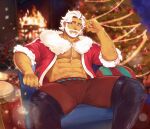  1boy abs arm_hair bara blue_eyes chest_hair christmas cookie_run eggnog_cookie facial_hair feet_out_of_frame fur_trim hairy hat highres humanization large_pectorals looking_at_viewer male_focus mature_male muscular muscular_male mustache navel_hair open_clothes original pectoral_cleavage pectorals pushean red_headwear santa_costume santa_hat short_hair sitting smile solo sparse_chest_hair spread_legs thick_eyebrows white_hair 