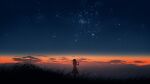  1girl absurdres city_lights cloud commentary_request dress evening floating_hair furi0831 gradient_sky grass highres horizon landscape mountain mountainous_horizon night night_sky original playing_flute scenery silhouette sky standing star_(sky) starry_sky 