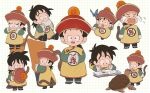  &gt;_&lt; 2boys :d baozi black_eyes black_hair blue_butterfly book bug butterfly child closed_eyes closed_mouth crying dragon_ball dragon_ball_(object) dragon_ball_z eating food food_in_mouth hat highres holding holding_clothes holding_food holding_hat hugging_another&#039;s_leg j_ooey long_hair long_sleeves looking_at_another looking_at_viewer low_ponytail lying male_focus monkey_tail multiple_boys multiple_views on_stomach open_book open_mouth orange_pants pants polka_dot polka_dot_background ponytail raised_eyebrows red_headwear running simple_background sleeves_past_wrists smile son_gohan son_goku tail tears turtle umigame_(dragon_ball) unworn_hat unworn_headwear white_background wide_sleeves 