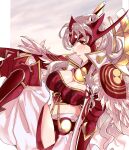  1girl absurdres adapted_costume armor armored_boots boots breasts cape cleavage cleavage_cutout clothing_cutout corrin_(female)_(fire_emblem) corrin_(fire_emblem) cosplay ear_piercing fire_emblem fire_emblem_fates grey_hair highres japanese_clothes long_hair piercing pointy_ears red_eyes ryoma_(fire_emblem) ryoma_(fire_emblem)_(cosplay) simple_background solo sou_mei 