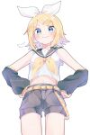  1girl :3 arm_warmers asymmetrical_bangs belt black_arm_warmers black_sailor_collar blonde_hair blue_eyes blush bow breasts closed_mouth cowboy_shot from_below grey_shorts hair_bow hair_ornament hairclip hands_on_own_hips headphones highres kagamine_rin lace-trimmed_shirt lace_trim light_smile looking_at_viewer mani_(manidrawings) medium_hair midriff multicolored_belt navel neckerchief orange_belt parted_bangs puff_of_air sailor_collar shirt shorts sidelocks simple_background sleeveless sleeveless_shirt small_breasts solo straight_hair treble_clef twitter_username v-shaped_eyebrows vocaloid watermark white_background white_bow white_shirt yellow_belt yellow_neckerchief 