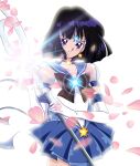  1girl absurdres back_bow bishoujo_senshi_sailor_moon bishoujo_senshi_sailor_moon_crystal black_hair blue_bow blue_choker blue_ribbon blue_sailor_collar blue_skirt bow brooch brown_bow choker circlet closed_mouth cowboy_shot earrings elbow_gloves gloves highres holding holding_polearm holding_weapon jewelry layered_skirt looking_at_viewer petals pleated_skirt polearm puffy_sleeves purple_eyes ribbon riccardo_bacci sailor_collar sailor_saturn sailor_senshi_uniform see-through see-through_sleeves short_hair silence_glaive simple_background skirt smile solo standing star_(symbol) star_brooch star_choker star_earrings super_sailor_saturn_(stars) tomoe_hotaru weapon white_background white_gloves 