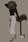 absurd_res anthro axe belladonna_cane bird_dog blood bloodhound bodily_fluids bottomwear canid canine canis clothing cumcadaver domestic_dog female grin hi_res hunting_dog mammal mixed_breed pointer_(dog) scent_hound sharp_teeth skirt smile solo sweater teeth topwear