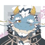 anthro beard blue_body blush dragon eyebrows facial_hair hair hi_res horn lifewonders male mature_male mawarimakuruze necktie one_eye_closed qinglong smile solo thick_eyebrows tokyo_afterschool_summoners white_hair wink yellow_eyes