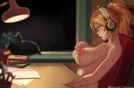  1girl ahoge akeowi animal bespectacled between_legs black-framed_eyewear black_cat blonde_hair blurry blurry_background blush book breasts cat chair commentary completely_nude deep_skin desk desk_lamp english_commentary female_masturbation glasses grabbing_own_breast hand_between_legs headphones huge_nipples lamp large_breasts lofi_girl_(youtube) long_hair masturbation night nose_blush nude office_chair open_book out-of-frame_censoring parody ponytail rain rwby sitting solo swivel_chair trembling window wireless yang_xiao_long 