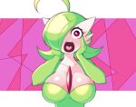 &lt;3 &lt;3_eyes 2024 breasts female gardevoir generation_3_pokemon geometric_background green_body green_hair hair hair_over_eye hand_on_face hi_res humanoid looking_at_viewer nintendo one_eye_obstructed open_mouth pink_eyes pokemon pokemon_(species) saltyxodium simple_background solo teeth white_body