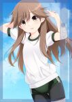  1girl arashio_(kancolle) artist_name bike_shorts bike_shorts_under_buruma blue_sky brown_eyes brown_hair buruma character_name cloud cowboy_shot green_buruma gym_shirt gym_uniform highres inaba_shiki kantai_collection long_hair looking_at_viewer shirt sky solo t-shirt white_shirt 