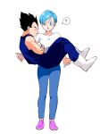  1boy 1girl :o ? biceps black_hair blue_bodysuit blue_eyes blue_hair blue_pants blush bodysuit boots bulma closed_eyes closed_mouth commentary_request crossed_arms crossed_legs dragon_ball eyelashes frown gloves husband_and_wife looking_at_another open_mouth pants parted_bangs pink_footwear pny_panya profile shirt shoes short_hair short_sleeves simple_background sleeveless sleeveless_bodysuit speech_bubble spiked_hair spoken_question_mark swept_bangs v-shaped_eyebrows vegeta white_background white_footwear white_gloves white_shirt 
