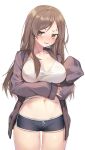  1girl black_shorts breasts brown_cardigan brown_eyes brown_hair cardigan chukibabo2 cleavage clothes_lift collarbone commission covered_nipples cowboy_shot dolphin_shorts frown highres large_breasts long_hair long_sleeves looking_at_viewer micro_shorts midriff navel no_bra open_cardigan open_clothes open_mouth original revision second-party_source shirt shirt_lift short_shorts shorts simple_background solo standing stomach taut_clothes taut_shirt tearing_up thighs v-shaped_eyebrows white_background white_shirt 