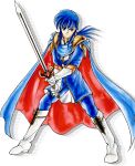  1boy artist_request blue_cape blue_coat blue_eyes blue_hair blue_pants cape coat fire_emblem fire_emblem:_genealogy_of_the_holy_war full_body gloves headband highres holding holding_sword holding_weapon looking_at_viewer official_art pants red_cape seliph_(fire_emblem) solo sword two-tone_cape tyrfing_(fire_emblem) weapon white_footwear white_gloves 