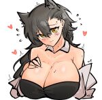  1girl alternate_breast_size animal_ears arknights black_shirt blush breasts brown_hair cleavage embarrassed flying_sweatdrops hand_on_own_chest heart highres huge_breasts mole_above_eye off_shoulder penance_(arknights) shirt simple_background solo sweat upper_body white_background white_shirt wolf_ears wolf_girl yellow_eyes yosua_0669 