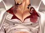  1boy bara black_hair burn_scar close-up dot_molotovka flower_in_pocket frown head_out_of_frame large_pectorals male_focus mature_male midriff_peek muscular muscular_male mustache_stubble one_piece pectoral_cleavage pectoral_focus pectorals sakazuki_(akainu) scar short_hair thick_eyebrows 
