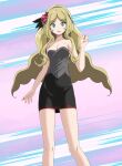  1girl bangs bare_arms bare_legs black_skirt blonde_hair blue_eyes breasts caitlin_(pokemon) cleavage collarbone covered_navel d: floating_hair grey_hairband grey_shirt hairband highres long_hair looking_at_viewer miniskirt nail_polish open_mouth parted_bangs pencil_skirt pokemon pokemon_(game) pokemon_bw red_nails shiny shiny_hair shirt skirt small_breasts solo standing strapless strapless_shirt tsukishiro_saika very_long_hair 