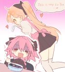  1boy 1girl apron astolfo_(fate) bad_food black_skirt blonde_hair blush chibi closed_mouth fate_(series) highres koyashaka liss_meier_(koyashaka) long_hair looking_back multicolored_hair original pink_hair shirt short_sleeves side_ponytail sketch skirt socks sweater thighhighs thighs turtleneck turtleneck_sweater white_hair white_shirt yellow_eyes 