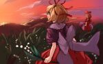  1girl amayadori-tei back_bow bangs black_shirt blonde_hair bow cloud commentary_request cowboy_shot doll field flower large_bow lily_of_the_valley medicine_melancholy mountainous_horizon open_mouth orange_sky puffy_short_sleeves puffy_sleeves purple_eyes red_ribbon red_skirt ribbon shirt short_hair short_sleeves skirt sky su-san sun sunset touhou white_bow 