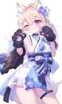  1girl ;3 absurdres animal_ears animal_hands bare_shoulders black_choker black_gloves blonde_hair blue_hair blue_kimono blush breasts choker closed_mouth commentary_request dog_ears dog_girl dog_tail floral_print flower fur-trimmed_gloves fur_trim fuwawa_abyssgard fuwawa_abyssgard_(new_year) gloves hair_between_eyes hair_flower hair_ornament hands_up highres hololive hololive_english japanese_clothes kimono long_hair masaki_(msk064) medium_breasts multicolored_hair official_alternate_costume one_eye_closed paw_gloves print_kimono purple_eyes purple_flower sideboob simple_background sleeveless sleeveless_kimono solo streaked_hair tail virtual_youtuber white_background 