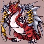 anthro bandai_namco claws digimon digimon_(species) dorugreymon dragon feral forehead_gem fur male red_body red_eyes red_fur ring solo stray_wurr striped_body striped_fur stripes wings x-digimon