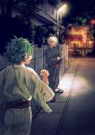  2boys bakugou_katsuki black_footwear black_kimono blonde_hair blurry boku_no_hero_academia bush clenched_hand commentary_request dated_commentary depth_of_field film_grain floating_clothes floating_hair freckles from_behind glowing green_hair hands_in_opposite_sleeves hands_up highres japanese_clothes kimono lamppost lantern light long_sleeves looking_at_another looking_to_the_side male_focus midoriya_izuku multiple_boys night official_alternate_costume open_mouth outdoors paper_lantern partial_commentary perspective pinstripe_kimono red_eyes red_sash sash scar scar_on_arm scar_on_hand short_hair sideways_glance sideways_mouth spiked_hair standing striped striped_kimono sweatdrop tannoci teeth tile_wall tiles upper_teeth_only vanishing_point vertical-striped_kimono vertical_stripes zouri 
