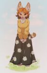 anthro big_ears blush bottomwear brown_body brown_ears brown_fur brown_hair clothed clothing dress felid feline female floral_print flower fur grass hair hands_on_legs hi_res jacket mammal pink_nose plant prelares serval short_tail skirt smile solo standing stripes tail topwear white_body white_fur
