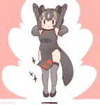  1girl animal_ears arms_up aye-aye_(kemono_friends) black_hair china_dress chinese_clothes coroha dress elbow_gloves full_body gloves jumping kemono_friends long_hair looking_at_viewer monkey_ears monkey_girl monkey_tail pink_background shoes shuriken simple_background solo tail thighhighs weapon 