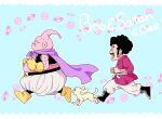  2boys :d afro bee_(dragon_ball) black_eyes black_footwear black_hair blue_background boots candy cape character_name checkerboard_cookie clenched_hands closed_eyes colored_skin commentary_request cookie dog dragon_ball dragon_ball_z facial_hair fat_buu food gloves majin_buu male_focus mr._satan multiple_boys mustache open_mouth outline pants pink_skin pny_panya profile purple_cape running sideburns simple_background smile teeth upper_teeth_only white_outline white_pants yellow_footwear yellow_gloves 