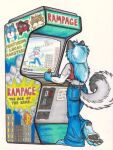  anthro arcade_machine blue_hair bottomwear canid canine canis cerberus_(artist) clothing crop_top denim denim_clothing domestic_dog female fluffy fluffy_tail hair hindpaw humor husky jeans mammal nikita_(character) nordic_sled_dog not_big_and_not_clever pants pawpads paws rampage_(game) shirt spitz tirrel topwear 